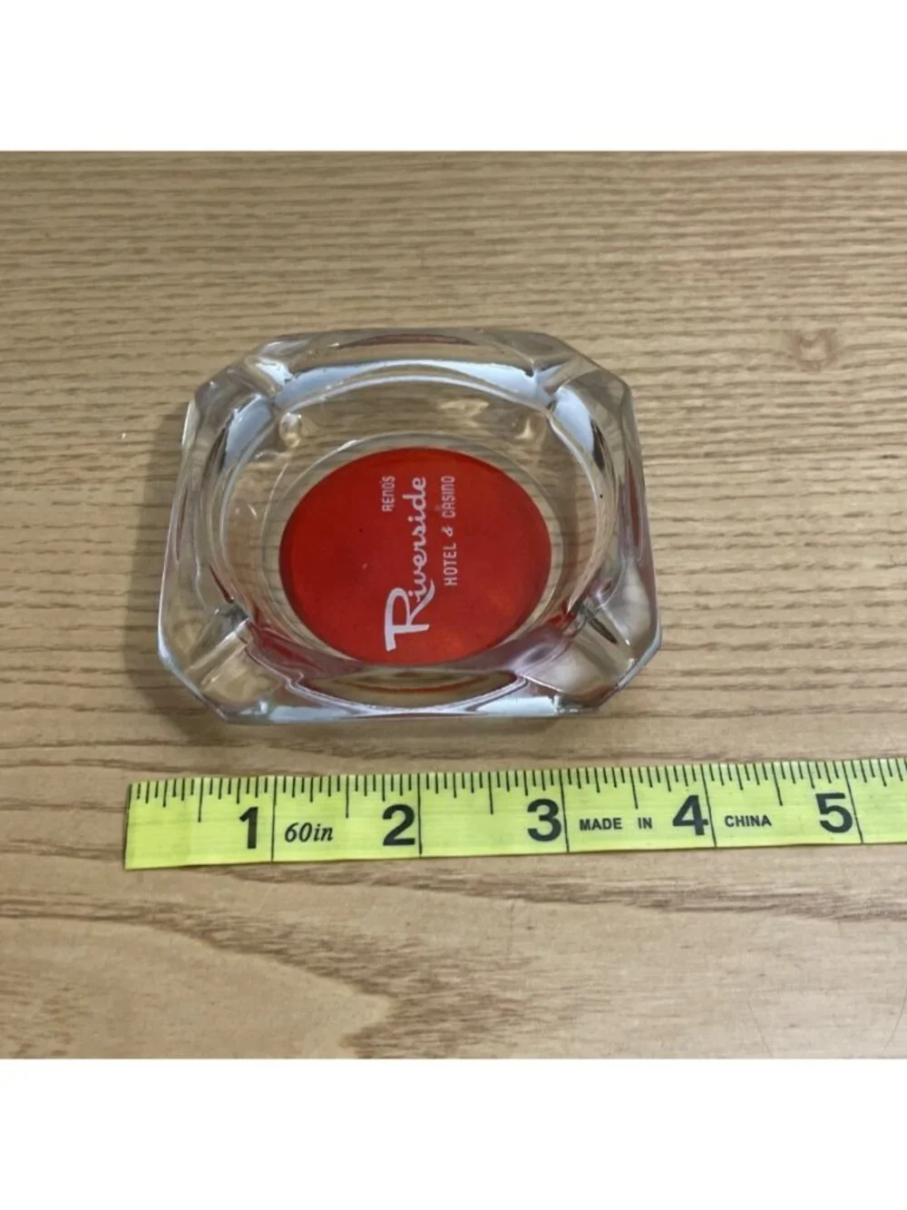 Vtg Reno Riverside Hotel Casino Clear Glass Ashtray Red Logo Former Hotel MCM